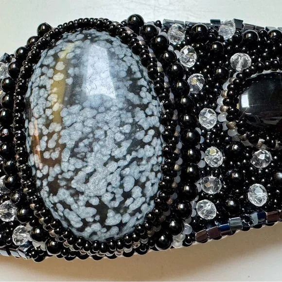 Artisan Vintage Genuine Agate~Obsidian Black Onyx Jet Bead cuff~Leather lined